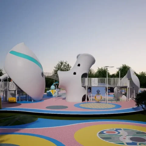 space themed playground slide withrope walkway6