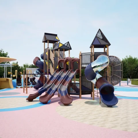 Building Block Playground with Dual Spiral Slides & Multi-Lane Slides | Large Multi-Tower Commercial Kids Play Equipment for Parks – Factory Direct