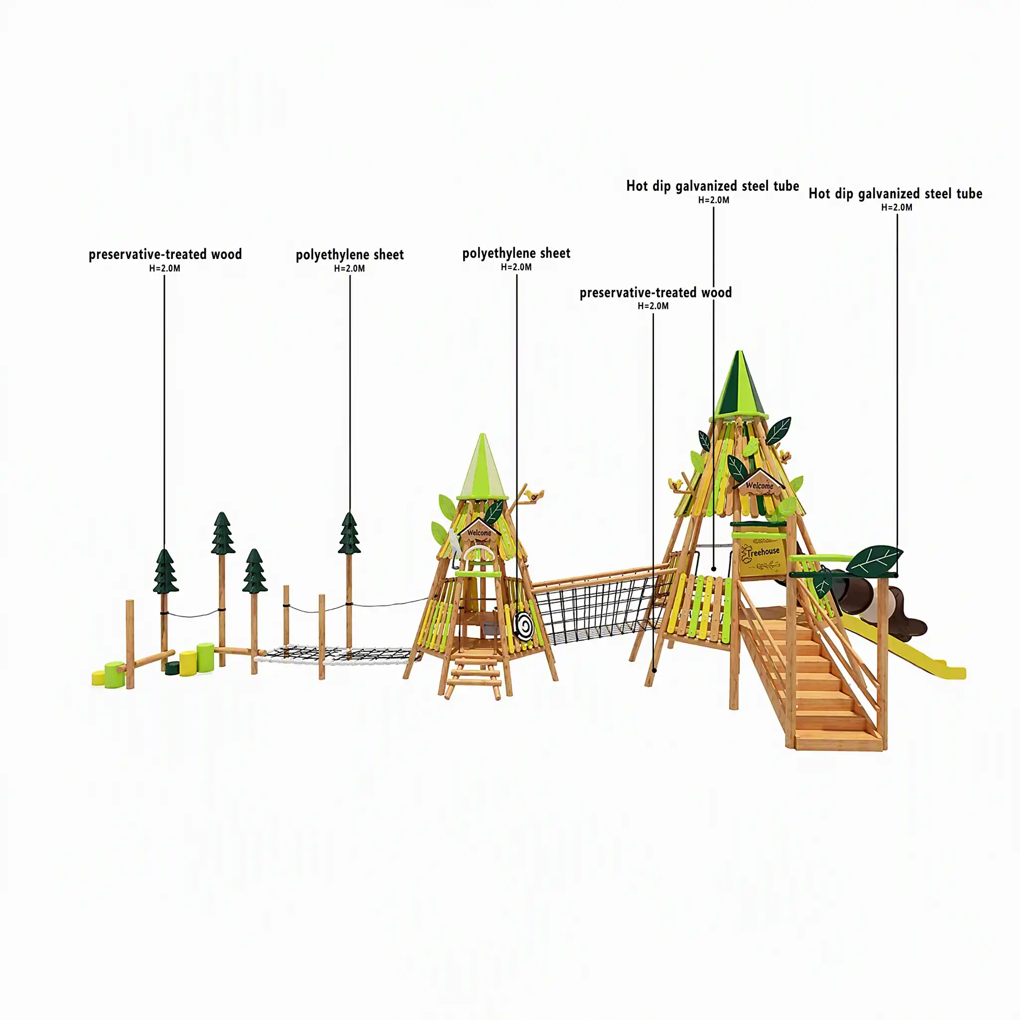 deep forest cabin playground withclimbing nets