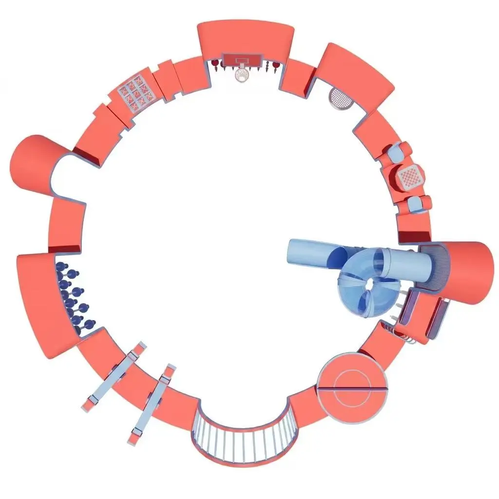 ring shaped playground with slide,seesaw & basketball hoop