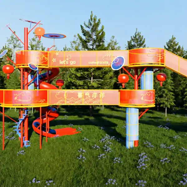 themed canopy climbing tower with double spiral slides2