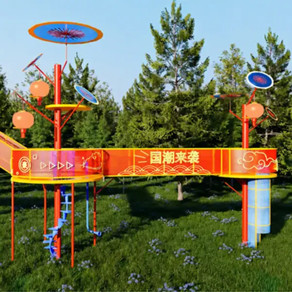 themed canopy climbing tower with double spiral slides3