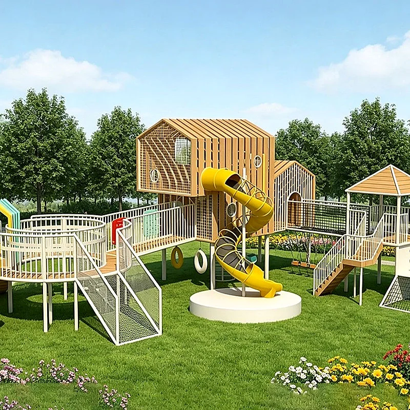 wooden cabin rope net tube slide play complex