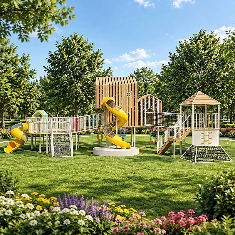 wooden cabin rope net tube slide play complex1