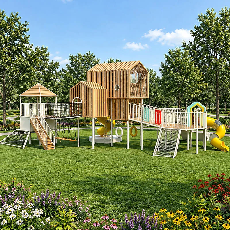 wooden cabin rope net tube slide play complex2