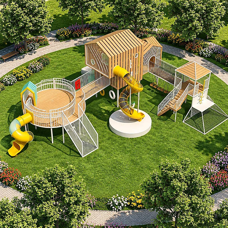 wooden cabin rope net tube slide play complex3