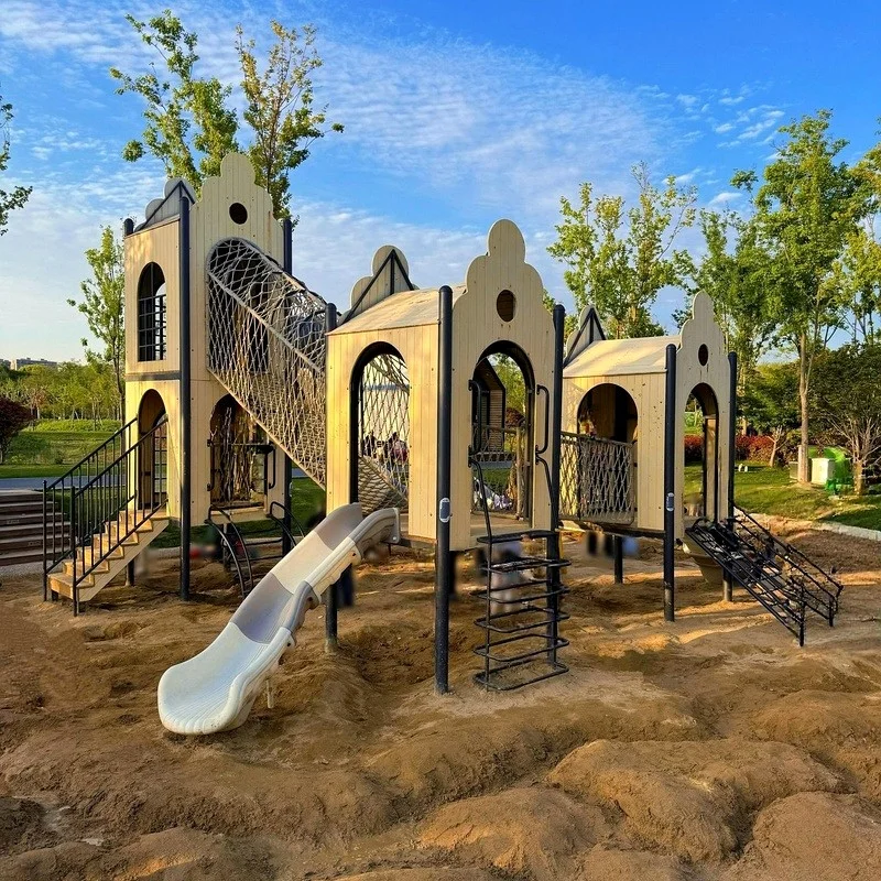 wooden rope net slide playset1